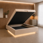 Cama Box Baú Casal Flutuante com LED, Encaixe para Colchão e Puxador Embutido